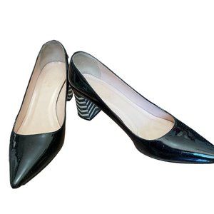 Kate Spade Milan Black Patent Leather with White and Black Chevron Heels…